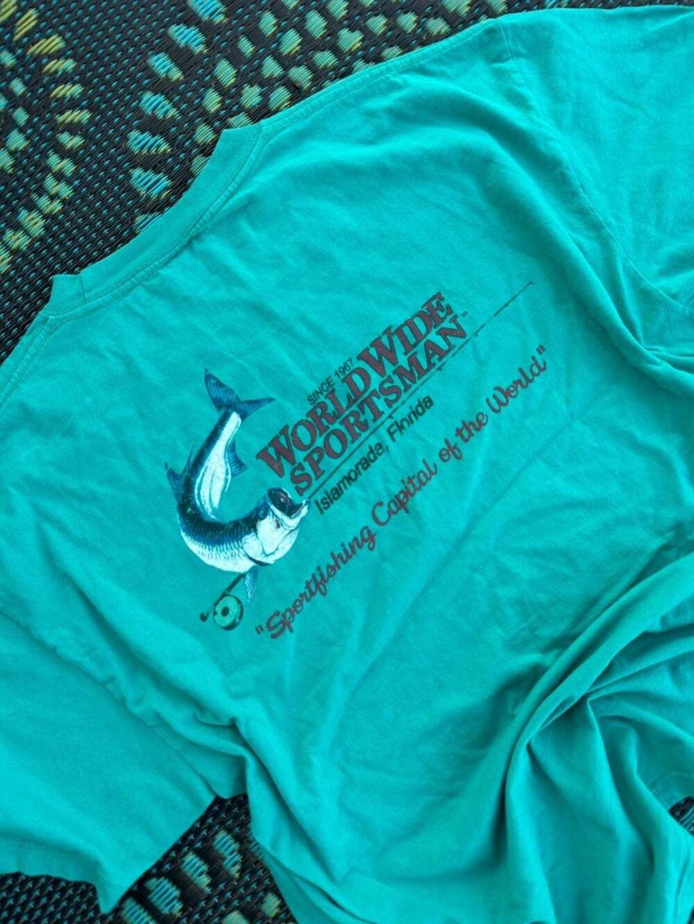 World Wide Sportsman Islamorada Florida Fishing Pocket T-Shirt Teal Green